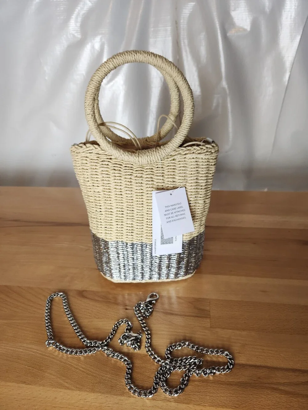 JustFab Straw Bucket Bag Hobo Metallic Silver Woven Chain Strap Boho Coastal NWT